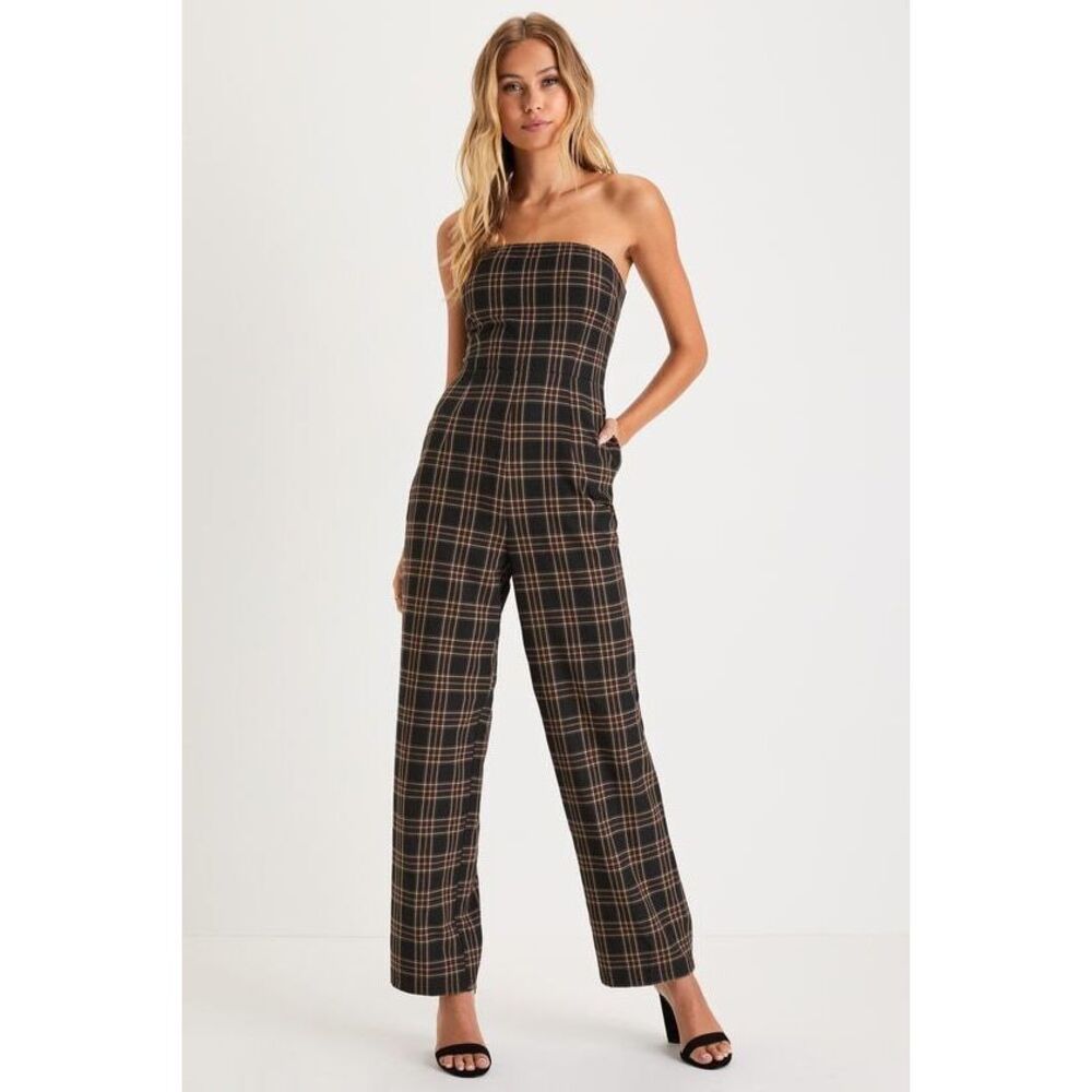 Lulus Sophisticated Mood Black Plaid Strapless Straight Leg Jumpsuit - Size M